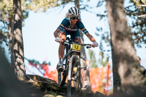 Jolanda NEFF of Switzerland competes in the UCI Cross-country Short Track World Cup u23 training for women during the UCI Mountain Bike World Cup Andorra 2023 in Andorra.