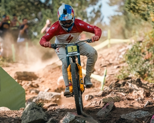 Finn ILES of Canada competes in the DHI Downhill training for men during the the UCI Mountain Bike World Cup Andorra 2023 in Andorra.