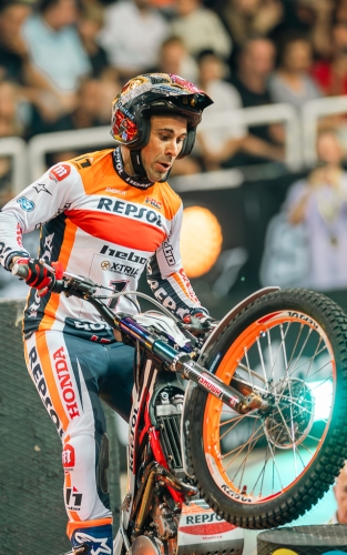 Toni Bou,  Spanish Rider, from  Montesa rides his motorcycle up a section of the platform of the X-Trial Andorra La Vella track. A new edition of the X-Trial World Championship 2023 took place at the Poliespotiu stadium in the city of Andorra La Vella, Oc