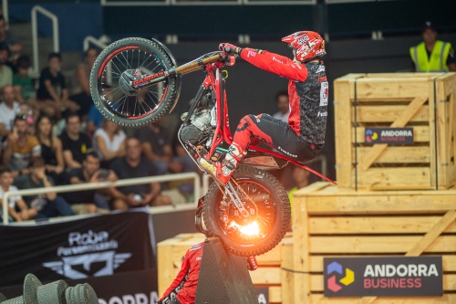 Jaime Busto from Gas Gas  rides his motorcycle up a section of the platform of the X-Trial Andorra La Vella track. A new edition of the X-Trial World Championship 2023 took place at the Poliespotiu stadium in the city of Andorra La Vella, October 2023.