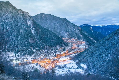 Cityscape of Arinsal, La Massana, Andorra in winter