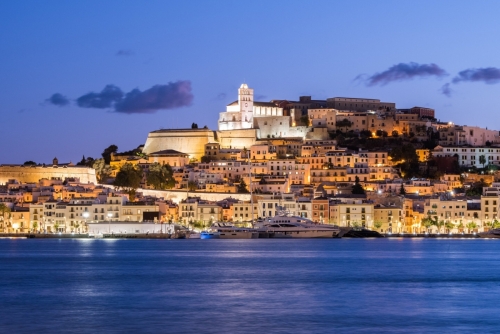 Cityscape of Dalt Vila from Marina Ibiza, Ibiza, Spain